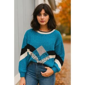 Spice Of Life Vintage 90s Argyle Chunky Sweater Large Teal Grandpa Dolman Retro